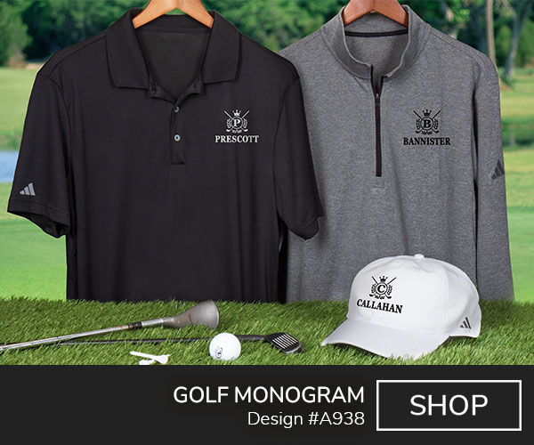 A crowned monogram over two crossing golf clubs, surrounded by ivy, above Your Name on a a black Adidas polo, grey Adidas quarter zip, and a white Adidas baseball hat.
