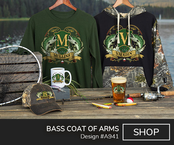 A941 | Bass Coat Of Arms - Two largemouth bass flank a shield with Your Monogram, above a banner with Your Name, surrounded by splashing water, two fishing rods, two artificial lures, and a bobber, on a 2 tone camo hoodie, forest green long sleeve T shirt, color printed pint glass, 2 tone camo hat, and ceramic coffee mugs.