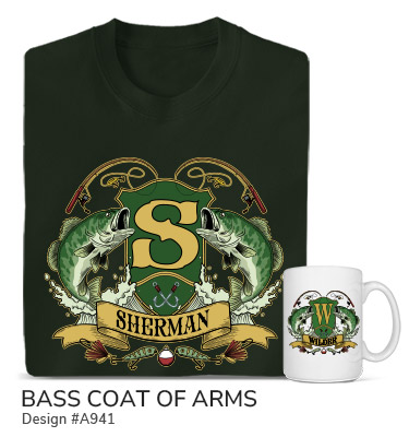 A941 | Bass Coat Of Arms - Two largemouth bass flank a shield with Your Monogram, above a banner with Your Name, surrounded by splashing water, two fishing rods, two artificial lures, and a bobber, on a forest green tee and ceramic coffee mug.