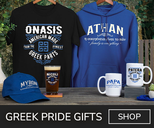 A variety of premium Greek designs on a hoodie, tee, baseball hat, ceramic coffee mugs, and a color printed pint glass.