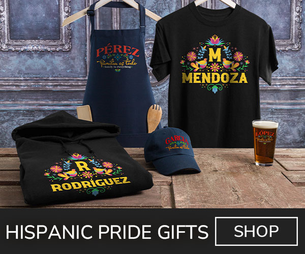 A variety of premium Hispanic designs on a T shirt, apron, baseball hat, hoodie, and a color printed pint glass.