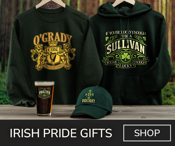 A variety of premium Irish designs on a long sleeve tee, hoodie, baseball hat, and a color printed pint glass.