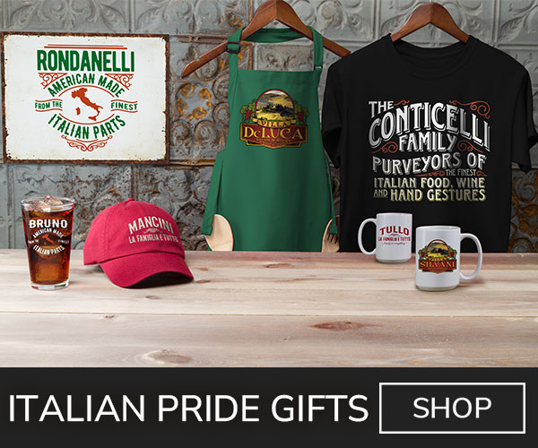 A variety of premium Italian designs on a tin sign, T shirt, apron, baseball hat, color printed pint glass, and ceramic coffee mugs.
