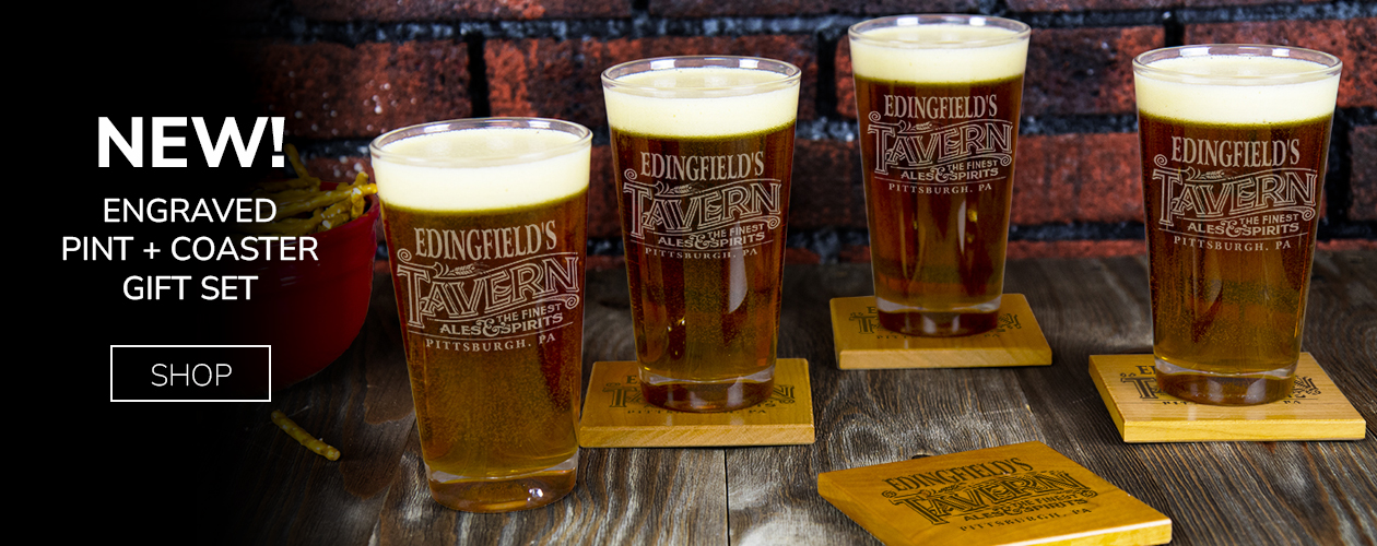 four engraved pint glasses with four engraved coasters