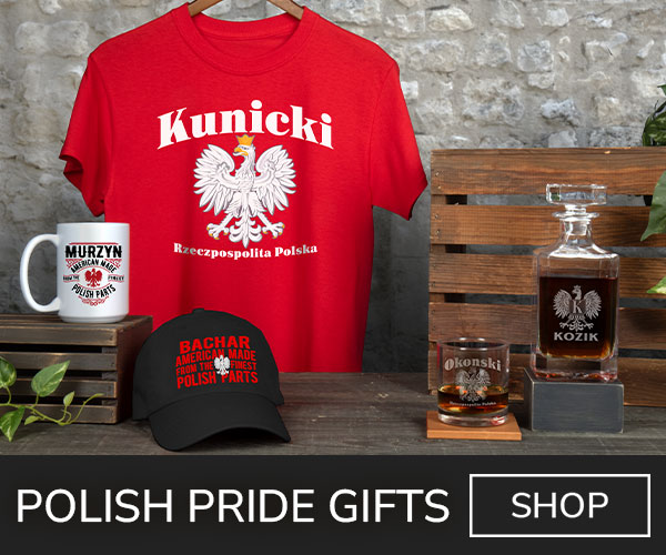 A variety of premium Polish designs on a T shirt, ceramic coffee mug, baseball hat, engraved decanter, and an engraved rocks glass.