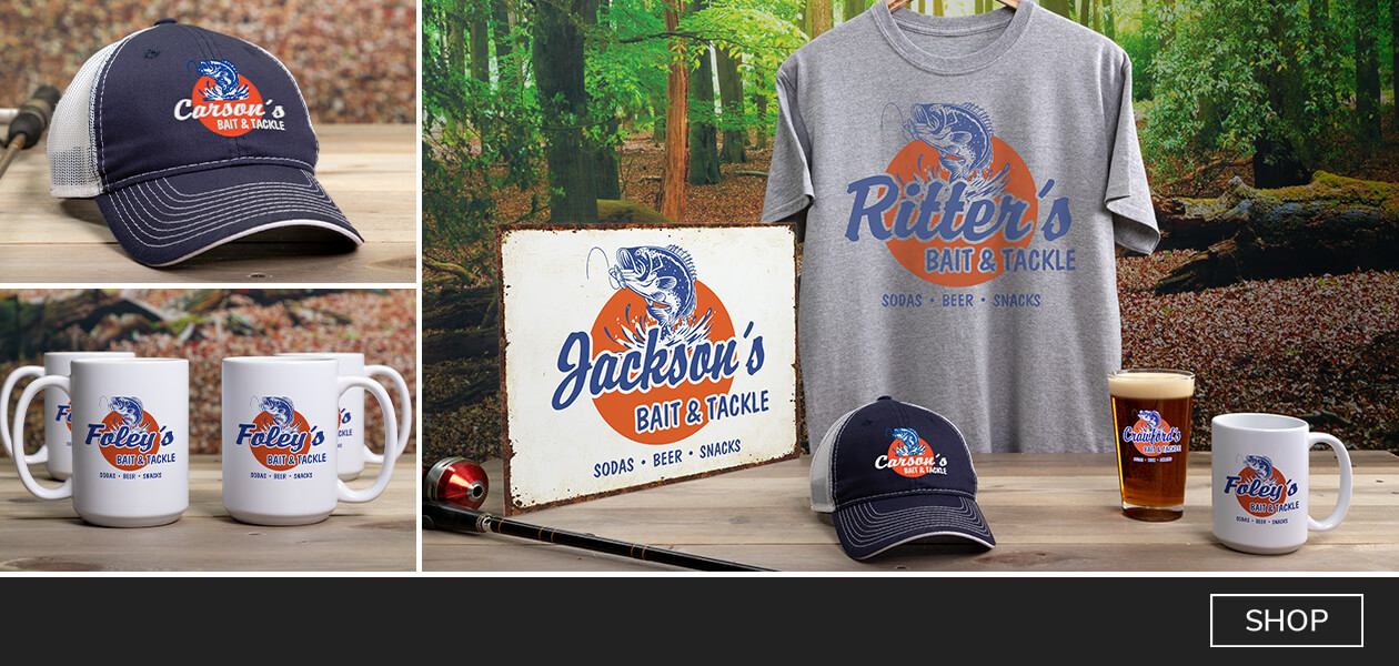 Bait and Tackle personalized shirts, wine glasses, coasters, and more!