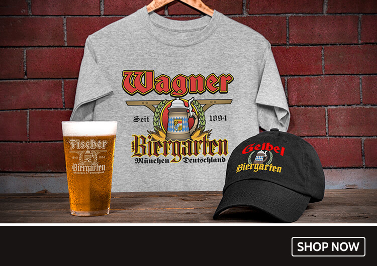 Personalized Biergarten colored pint glasses, beer mugs, and sweatshirts are perfect for your German family. Add your name.