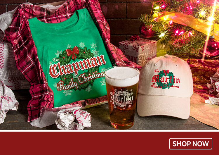 Personalized Family Christmas pint glasses, beer mugs, and more!