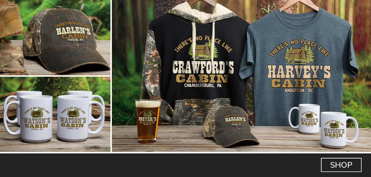 Cabin personalized shirts, wine glasses, coasters, and more!
