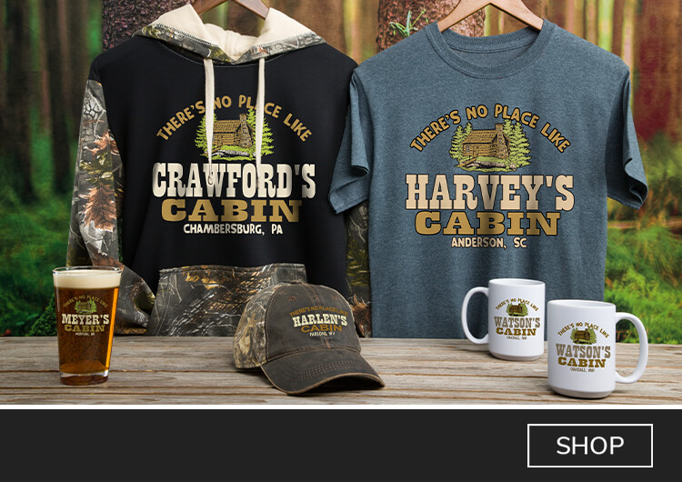 Cabin personalized shirts, wine glasses, coasters, and more!