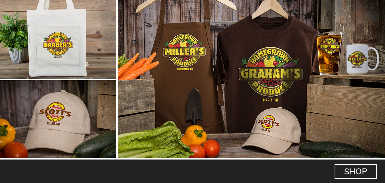 Homegrown Produce pint glasses, coasters, cheese boards, and more!