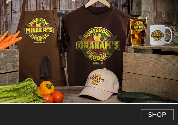 Homegrown Produce pint glasses, coasters, cheese boards, and more!