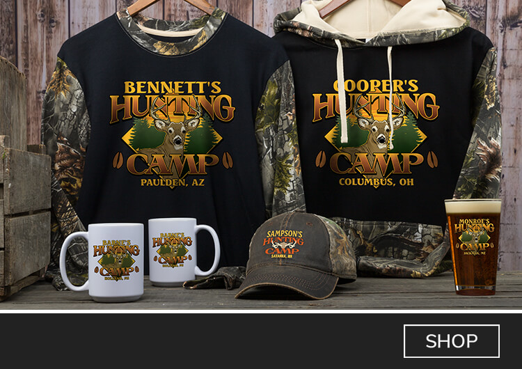 Personalized Deer Hunting Camp t-shirts, hoodies, full-zip jackets, and more for you and your hunting buddies. Add our custom pint glasses, coffee mugs, and more to your glassware collection for a sporting addition.