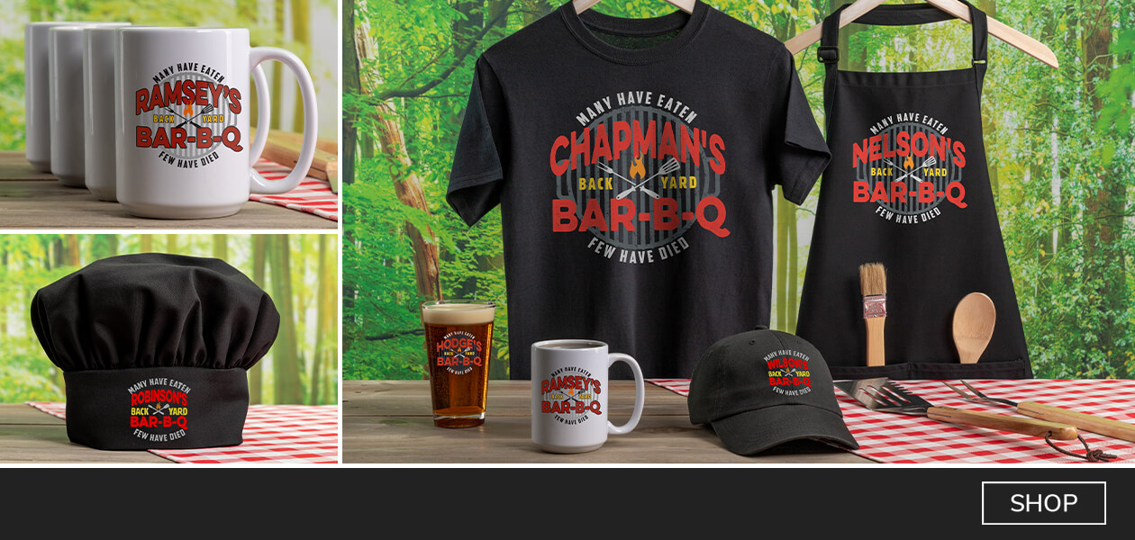 Personalized Few Have Died BBQ sweatshirts, growlers, coasters, and more!