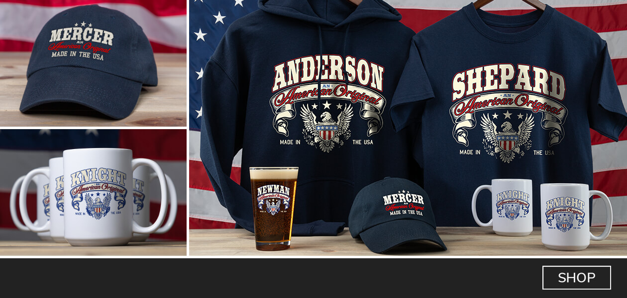 Personalized American Original pint glasses, cheese boards, coffee mugs, and more!