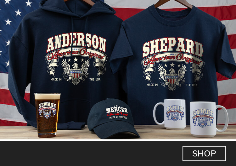 Personalized American Original pint glasses, cheese boards, coffee mugs, and more!