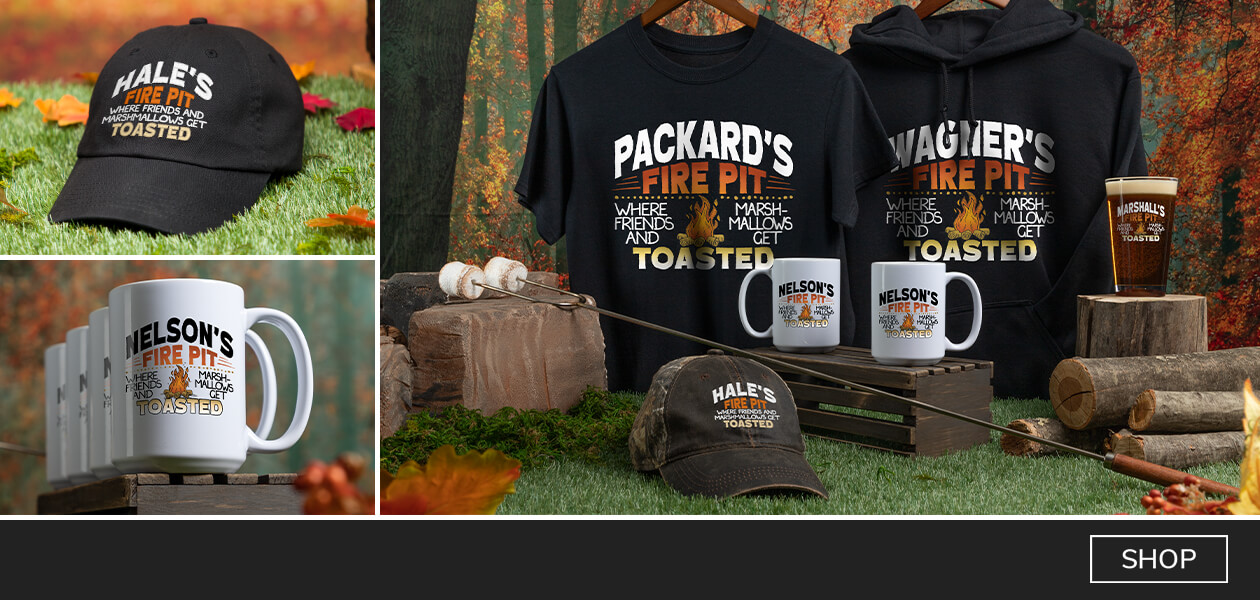 Personalized Fire Pit pint glasses, coasters, bottle openers, and more!
