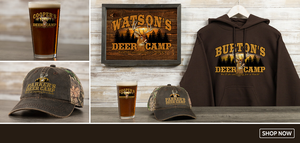 Personalized Deer Hunting Camp t-shirts, sweatshirts, pint glasses and more!