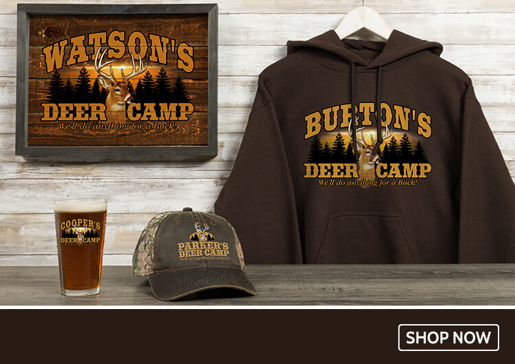 Personalized Deer Hunting Camp t-shirts, sweatshirts, pint glasses and more!