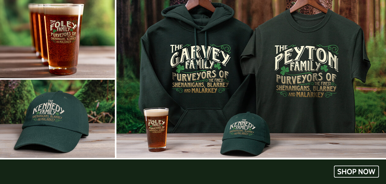Personalized Shenanigans Family sweatshirts, coffee mugs, wall art, and more.