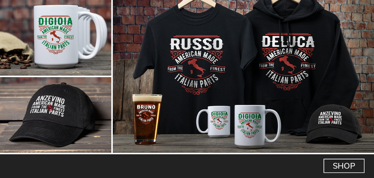 Personalized Italian Parts wine glasses, coasters, hoodies and more!