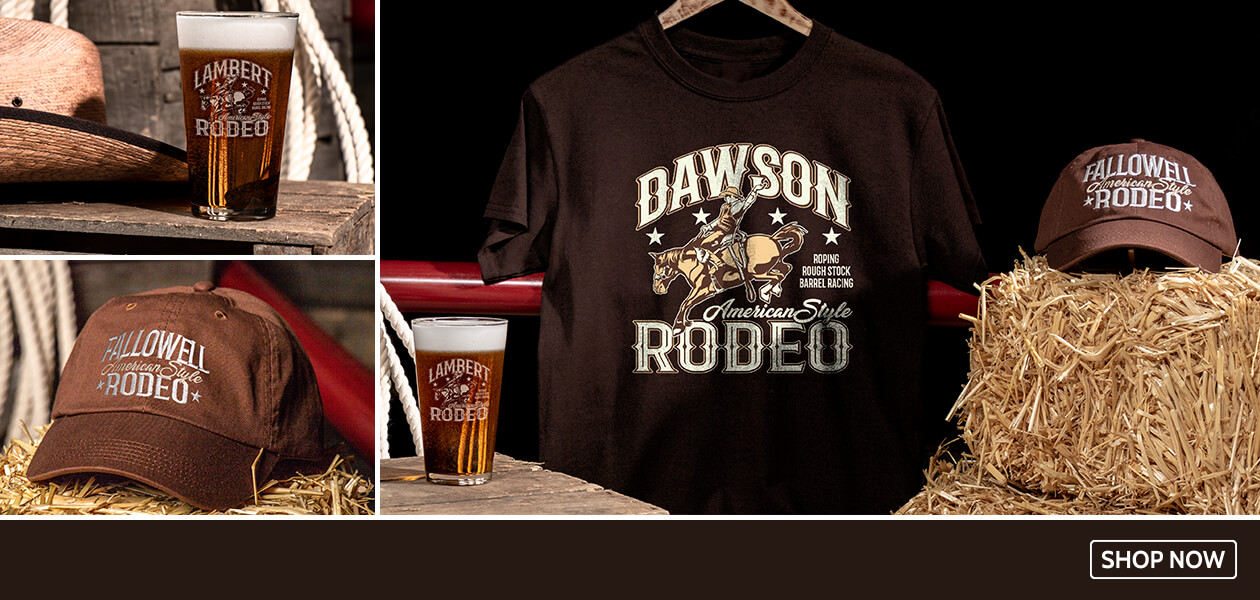 Personalized Rodeo shirts, hats, custom pint glasses, wine glasses, wood coasters, and more!