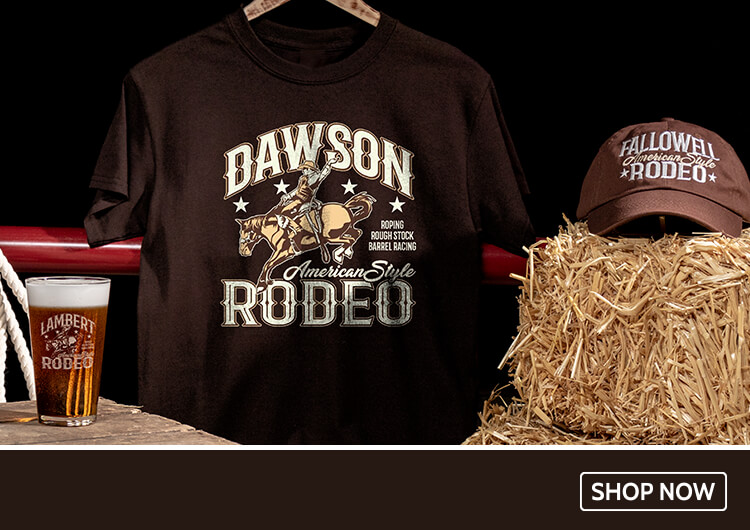 Personalized Rodeo shirts, hats, custom pint glasses, wine glasses, wood coasters, and more!