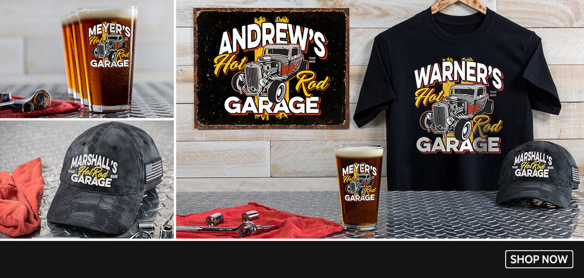 Hot Rod Garage personalized shirts, hats, barware, and more!