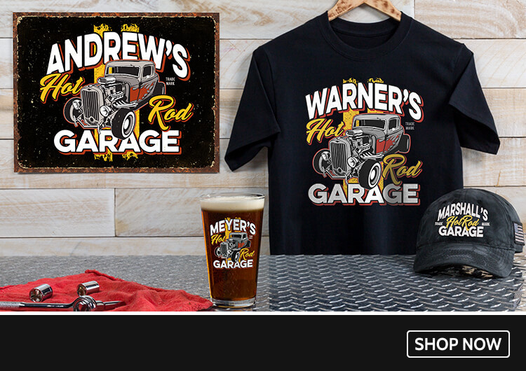 Hot Rod Garage personalized shirts, hats, barware, and more!