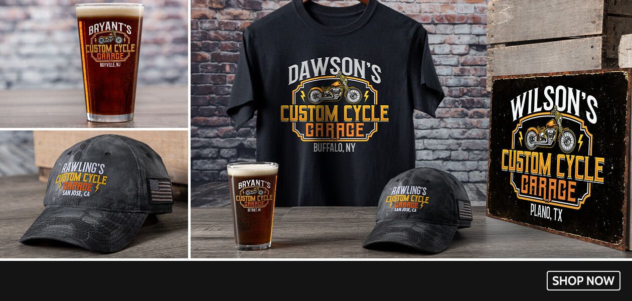 Custom Cycle Garage work shirts, pint glasses, tin signs, and more!