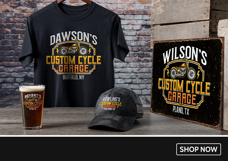 Custom Cycle Garage work shirts, pint glasses, tin signs, and more!
