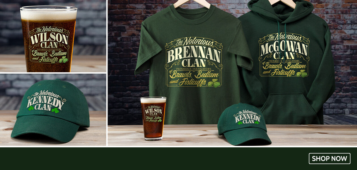 Notorious Clan shirts, wine glasses, color-printed pint glasses, and more!