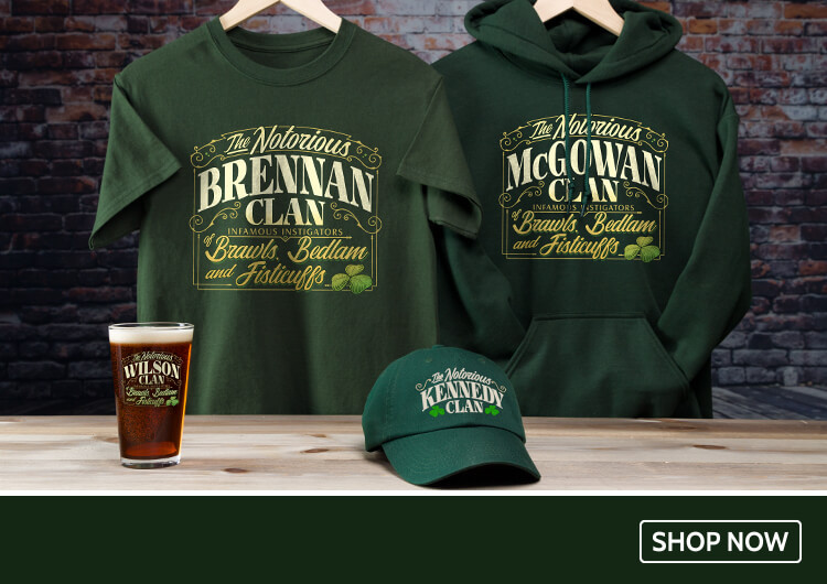 Notorious Clan shirts, wine glasses, color-printed pint glasses, and more!