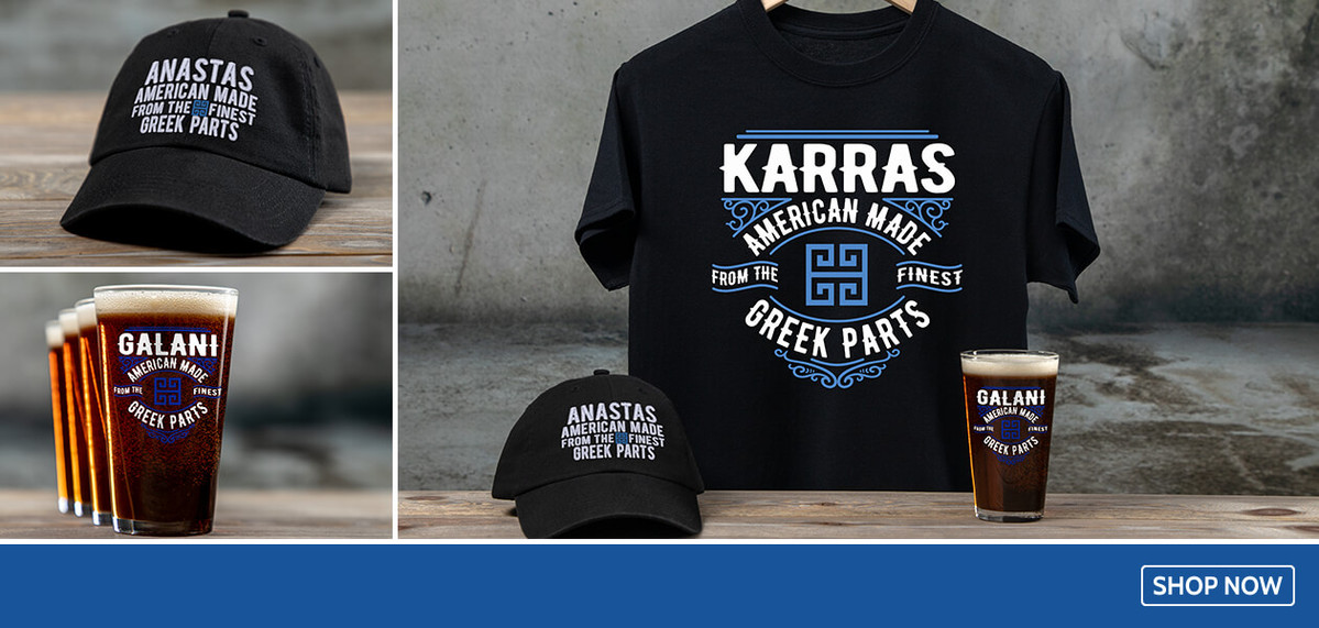 Greek Parts personalized shirts, hats, pint glasses, coffee mugs, and more for all of your gift-giving needs.