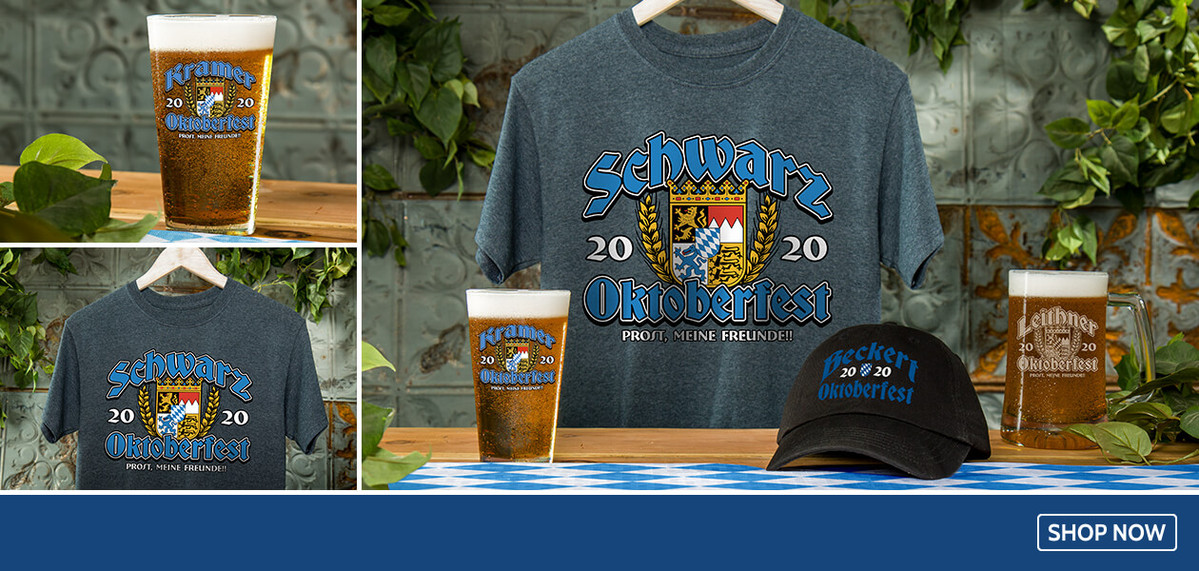 Oktoberfest custom pint glasses, t-shirts, beer mugs, and more!