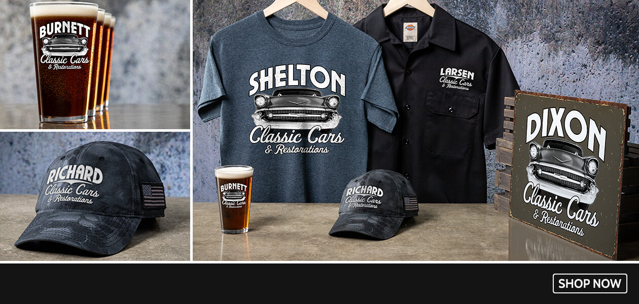 Personalized Classic Cars II shirts, hats, pints, cheese boards, and more just for your car-loving crew.