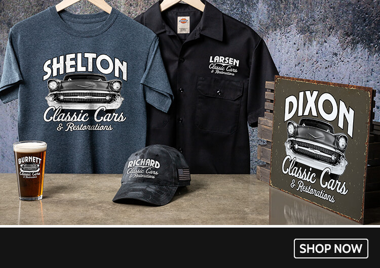 Personalized Classic Cars II shirts, hats, pints, cheese boards, and more just for your car-loving crew.