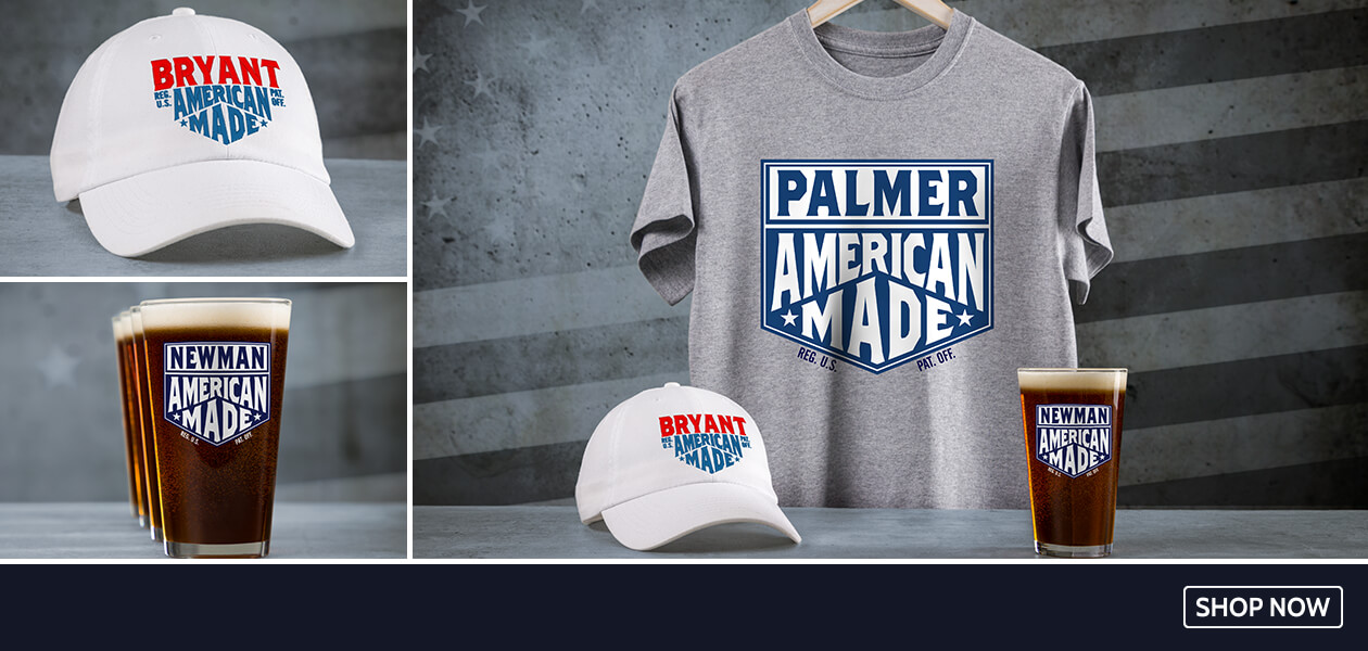 American Made personalized shirts, hats, wall art, and more! Just add yoru name.