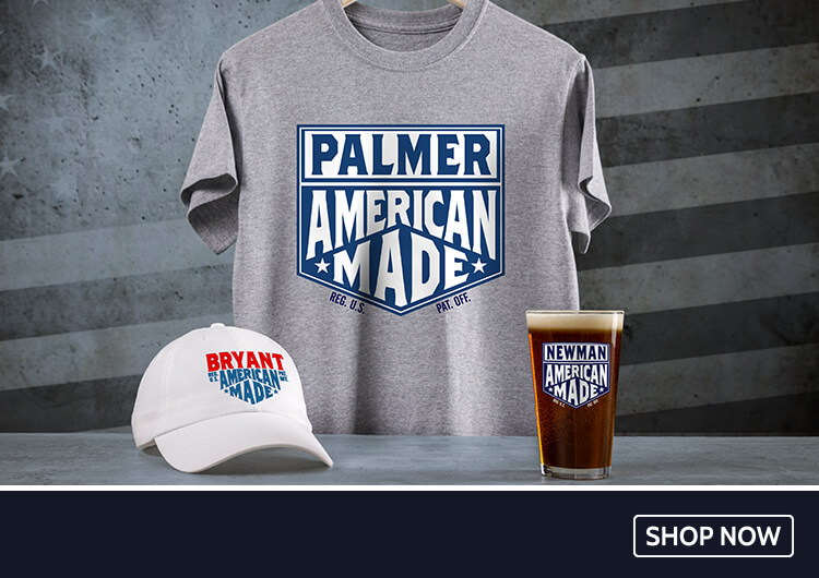 American Made personalized shirts, hats, wall art, and more! Just add yoru name.