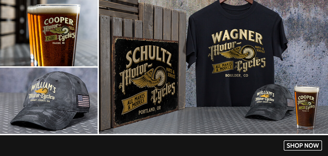 Personalized Classic Motorcycles shirts, growlers, pint glasses and more!