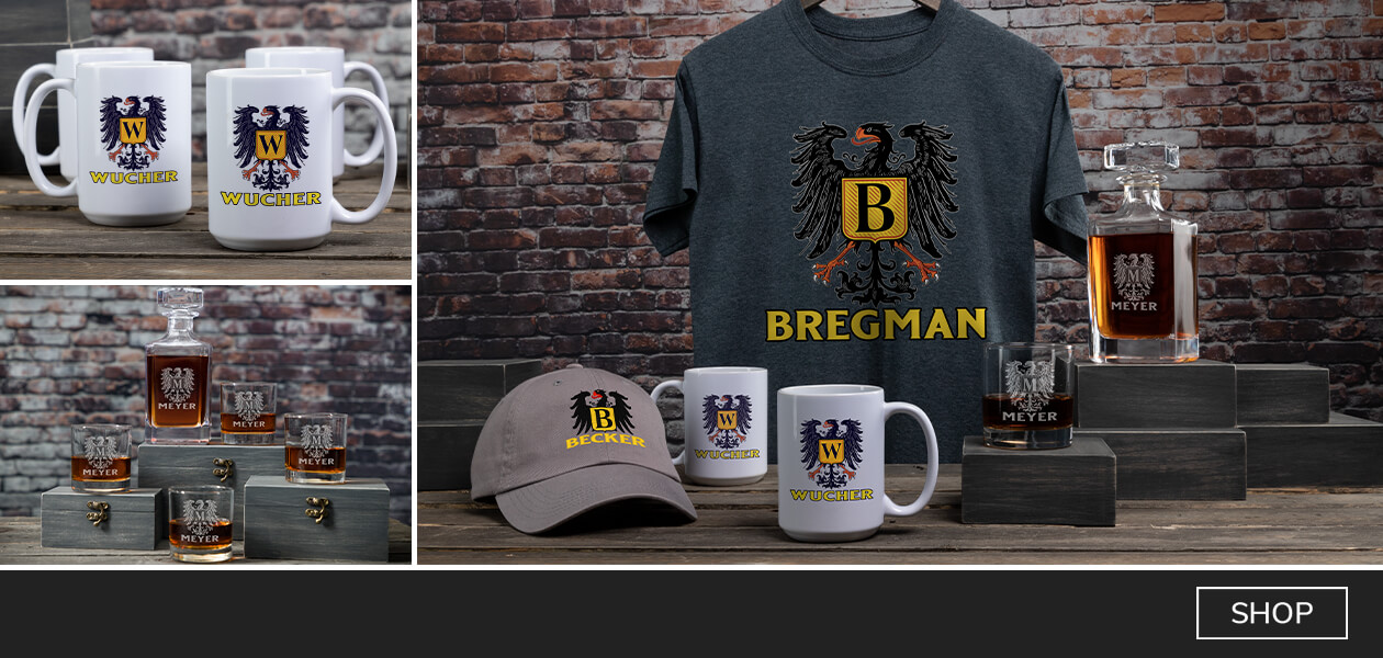Personalized German Monogram design #A824 shirts, hats, pint classes, wine glasses, and more. Just add your family name.