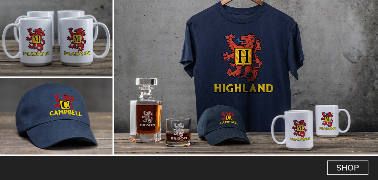 Scottish Monogram custom pint glasses, wall art, apparel, cherry wood coasters, and more.