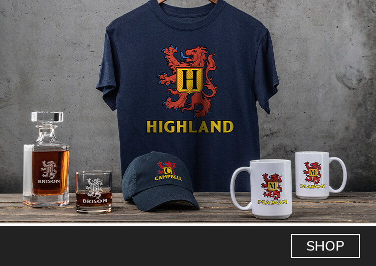 Scottish Monogram custom pint glasses, wall art, apparel, cherry wood coasters, and more.