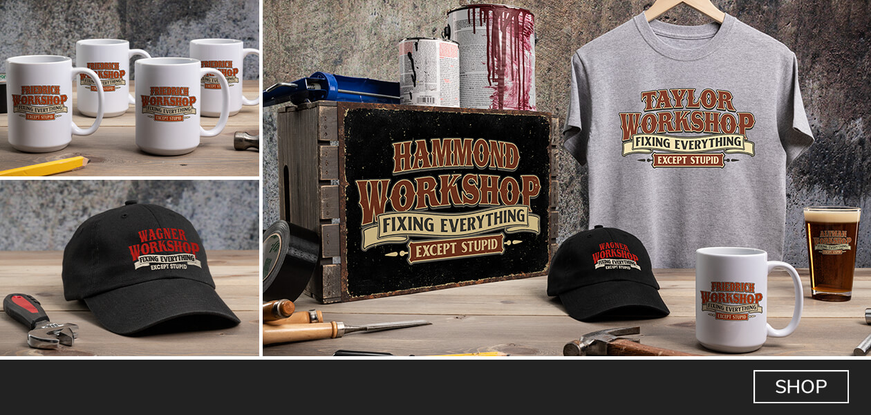 Workshop personalized tees, hats, hoodies, sweatshirts, Adidas products, camo, pullovers, cheese boards, art, barware, and more!
