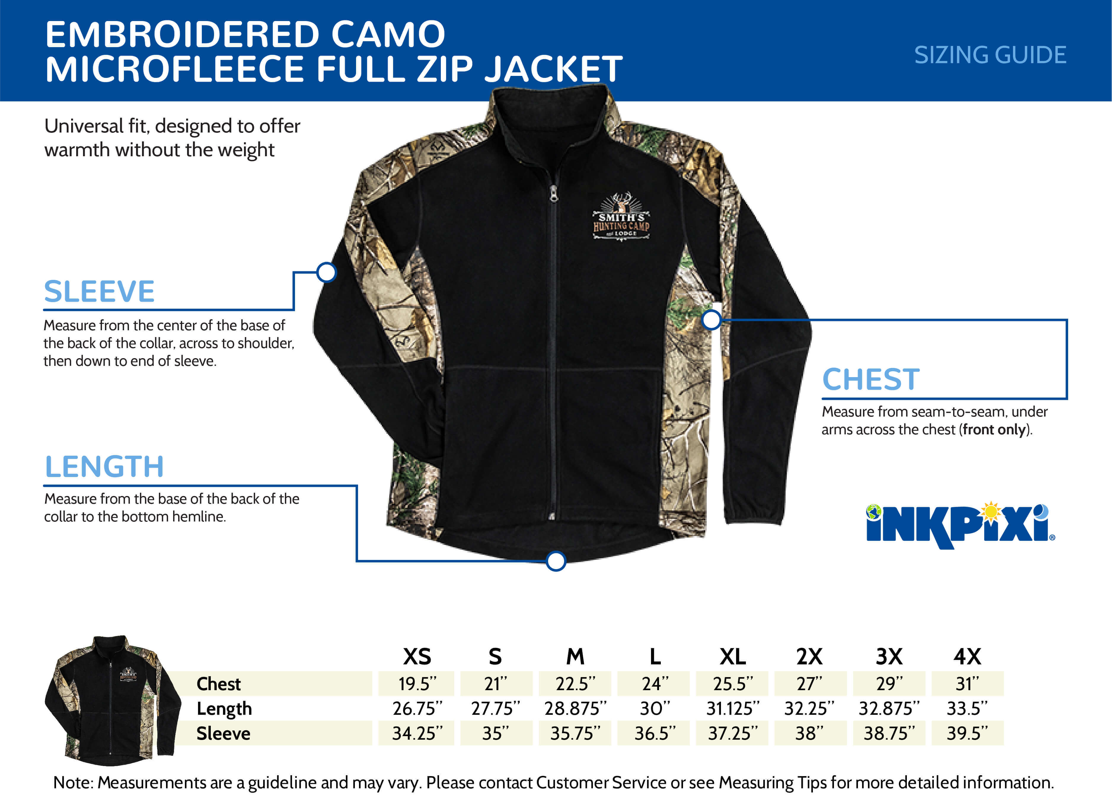 microfleece full zip jacket sizes chart