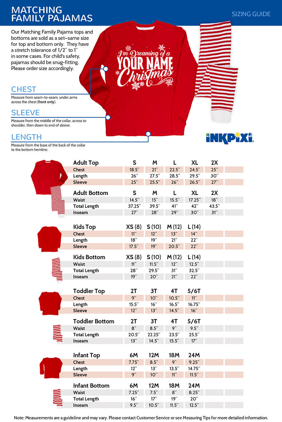 pajamas sizes chart