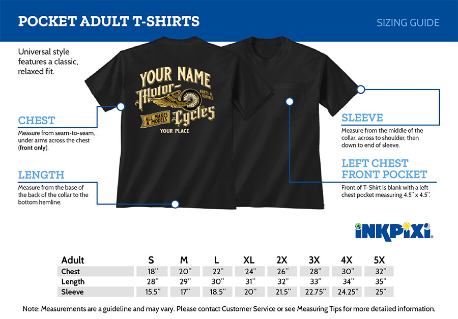 pocket tshirt sizes chart