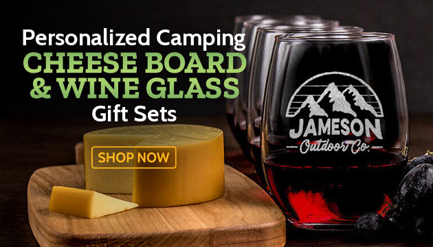 Personalized Camping Cheese Board and 4 Wine Glass Gift Set