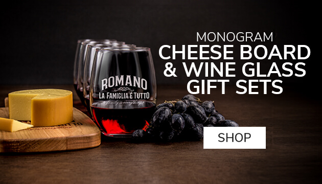 Monogram Cheese Board and 4 Wine Glass Gift Set