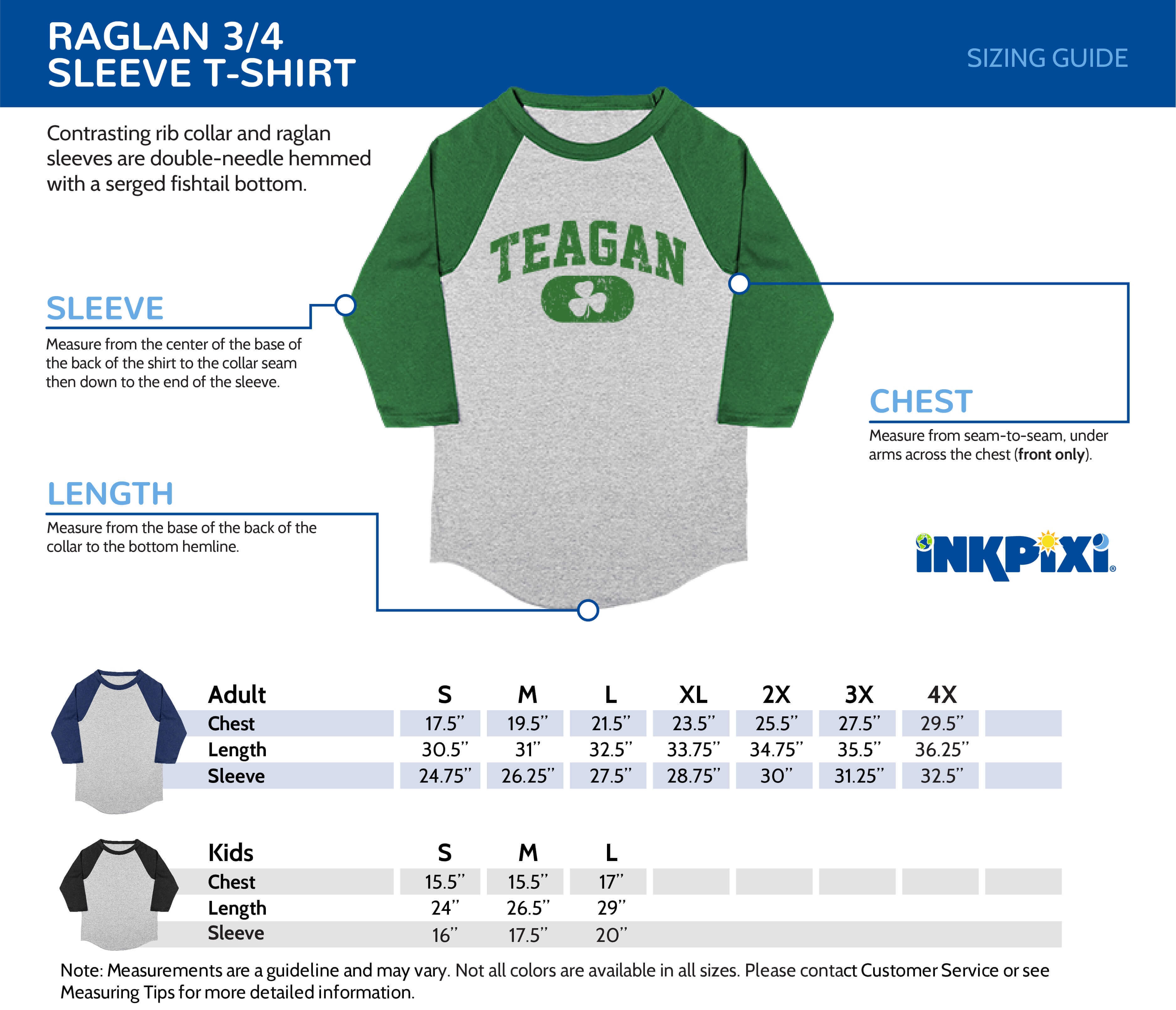 raglan 3 4 sleeve tshirt sizes chart